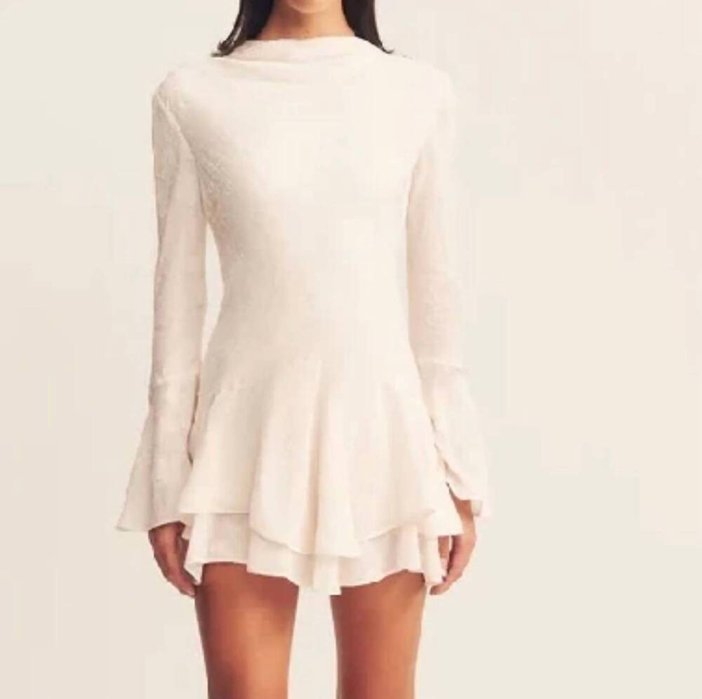 NEW SHONA JOY bowery long sleeve ruffle mini dress in milk